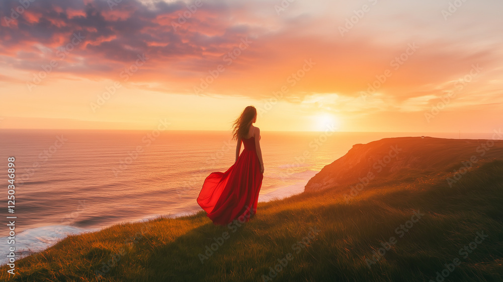 woman in red dress is standing on a grassy hill overlooking the ocean woman in red dress is standing on a grassy hill overlooking the ocean