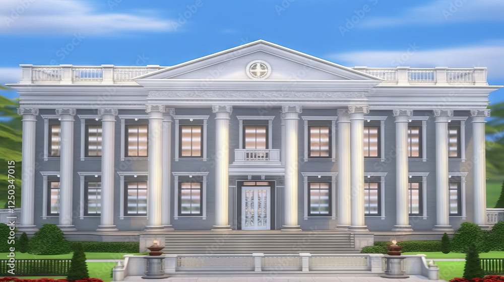 A grand traditional mansion with a symmetrical facade, a circular driveway A grand traditional mansion with a symmetrical facade, a circular driveway