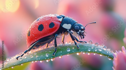 Close-up of a ladybug on a dewy leaf amidst blooming flowers in a serene garden