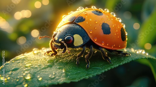 Close-up of a vibrant ladybug with droplets on a green leaf, set against a blurred natural background