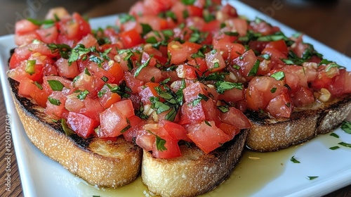 Freshly prepared bruschetta topped with diced tomatoes and herbs on a white plate