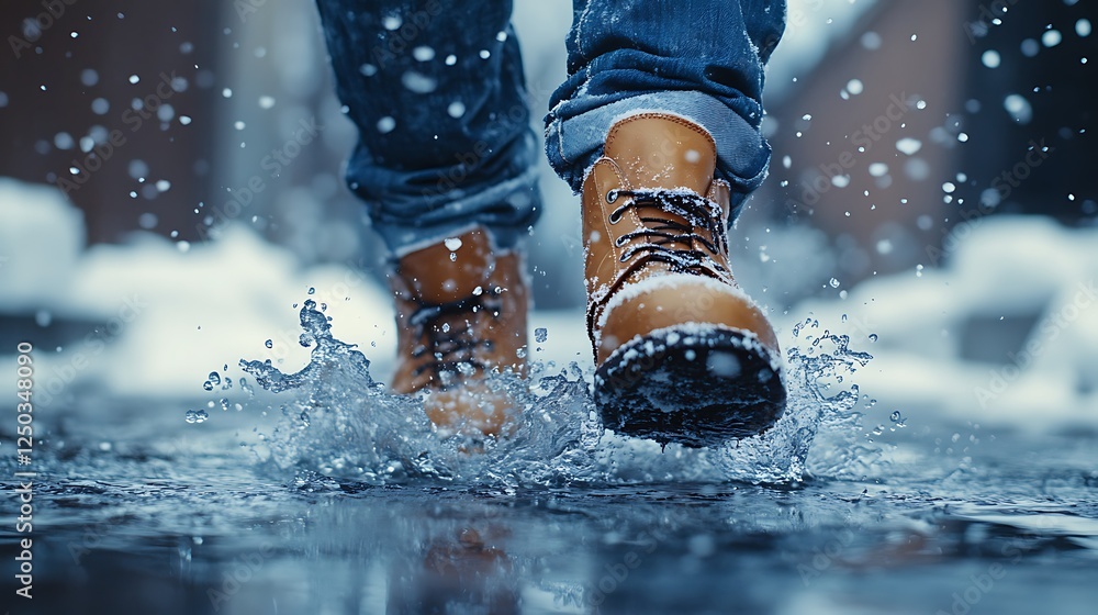 Close up of the feet and boots of an adult man hiking, Splashing Through Winter Puddles Close up of the feet and boots of an adult man hiking, Splashing Through Winter Puddles