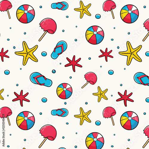 Seamless pattern with ice cream, starfish, lollipops and balls.