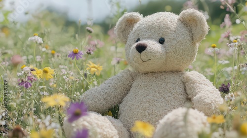 A soft teddy bear sitting among colorful wildflowers in a sunny meadow, evoking childhood joy