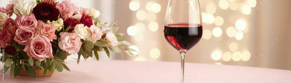 Elegant red wine glass with floral arrangement. Elegant red wine glass with floral arrangement.