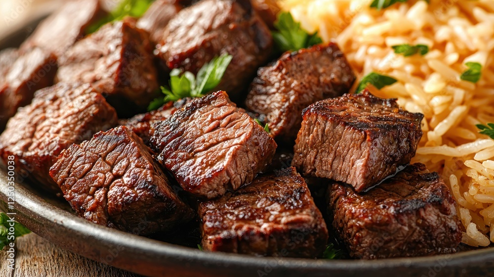 Seared beef cubes, rice, parsley, plate, wood, close-up, food photography, menu Seared beef cubes, rice, parsley, plate, wood, close-up, food photography, menu