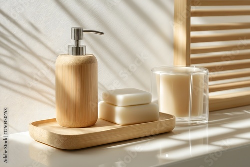 Sustainability at home, eco-friendly and minimalist styles : A stylish zero-waste bathroom with bamboo accessories, refillable glass containers, and organic soap bars.