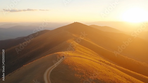 Sunset hiker mountain ridge aerial view