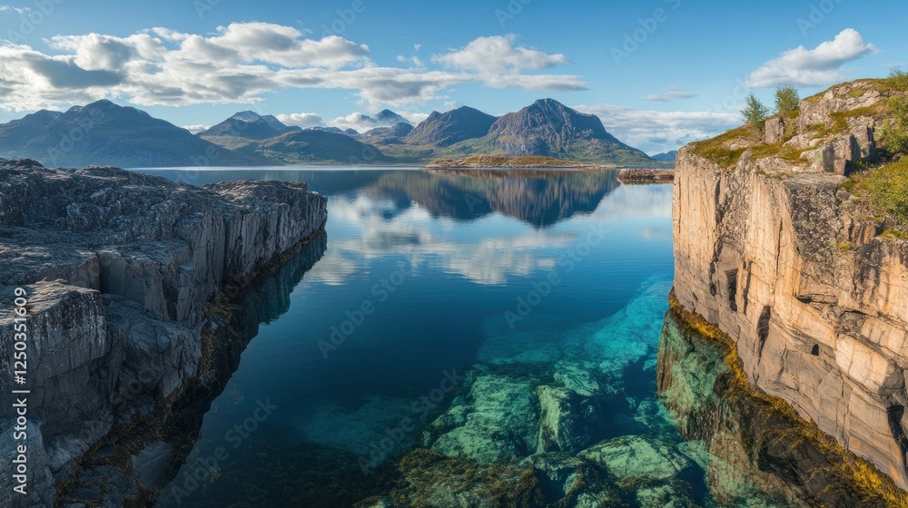 Serene landscape featuring calm waters and majestic mountains under a clear blue sky. Serene landscape featuring calm waters and majestic mountains under a clear blue sky.