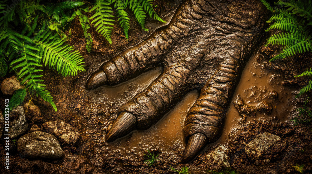 Massive dinosaur footprint in wet mud surrounded by tiny ferns and rocks, showcasing prehistoric life and natural history in a detailed close-up view.