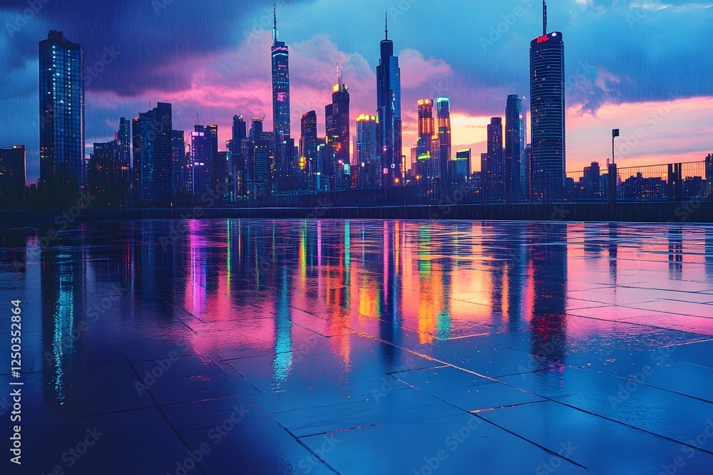 Obraz premium Captivating Cityscape at Dusk with Vibrant Reflections on the Water Surface