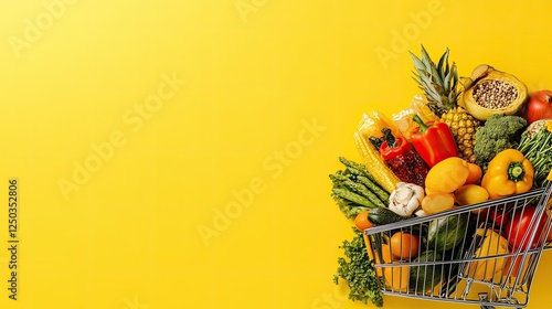 Fresh produce in shopping cart on yellow background photo