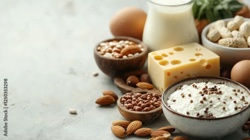 High-Protein Foods: A diverse array of protein-rich foods including cheese, eggs, almonds, beans, and dairy, artfully arranged to showcase their nutritional value and culinary versatility. High-Protein Foods: A diverse array of protein-rich foods including cheese, eggs, almonds, beans, and dairy, artfully arranged to showcase their nutritional value and culinary versatility.