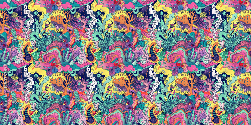 Fototapeta premium Cartoon hand-drawn doodles on the subject of summer holidays theme seamless pattern