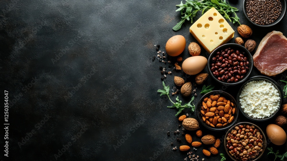 Protein Powerhouse: A tantalizing spread of protein-rich foods, including lean steak, eggs, nuts, cheese, and legumes, arranged artfully on a dark rustic background. Protein Powerhouse: A tantalizing spread of protein-rich foods, including lean steak, eggs, nuts, cheese, and legumes, arranged artfully on a dark rustic background.
