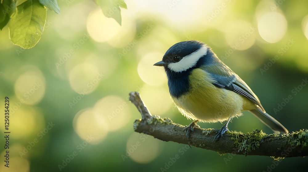 Obraz premium Great Tit Perched On Branch In Sunlight