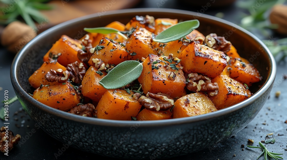 A vibrant bowl of roasted butternut squash garnished with fresh herbs and nuts, showcasing delicious autumn flavors A vibrant bowl of roasted butternut squash garnished with fresh herbs and nuts, showcasing delicious autumn flavors