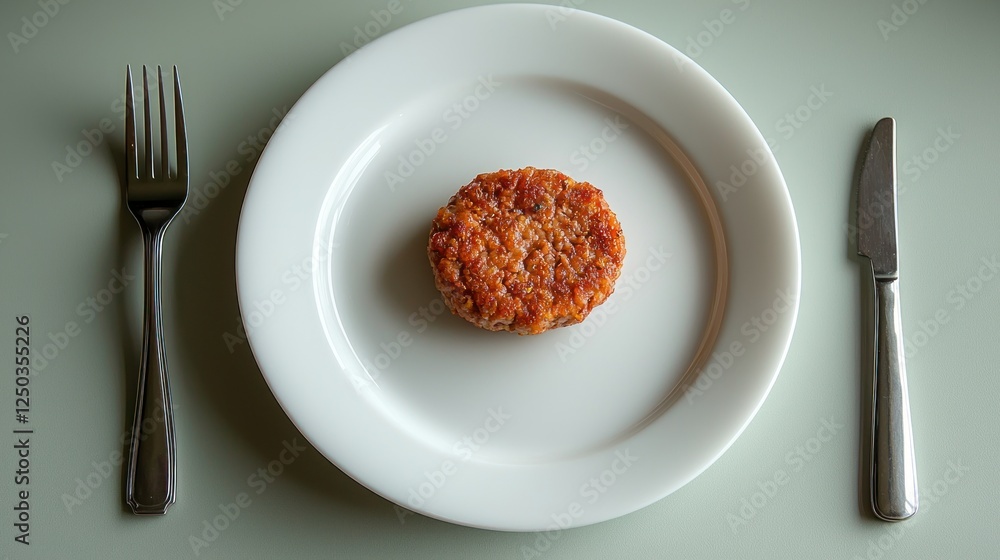 Single rice cake on plate, cutlery, table, minimalist food photo Single rice cake on plate, cutlery, table, minimalist food photo