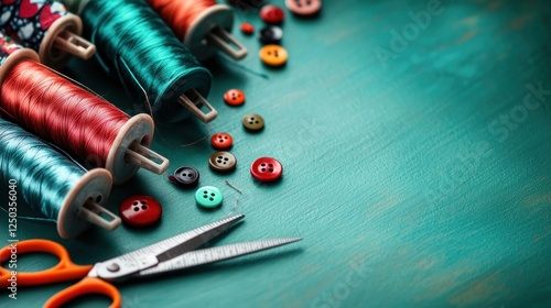 Colorful sewing threads, buttons, and scissors arranged artistically on a teal wooden surface photo