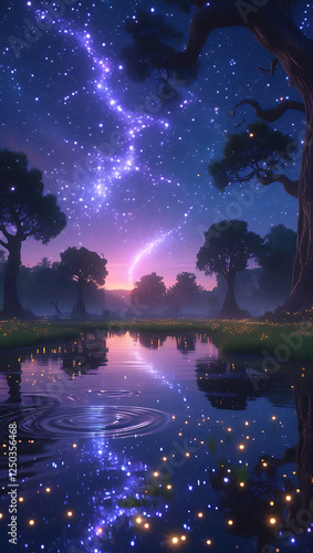 a vibrant constellation sprawled across the starry night sky above a lush, dense meadow and lake, created by generative ai