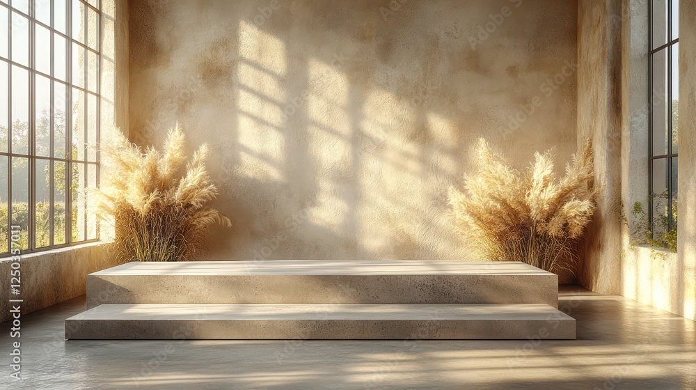 Serene Minimalist Interior Design with Pampas Grass and Sunlit Stone Steps
