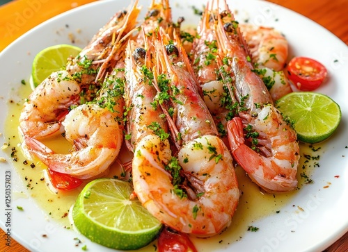 Grilled shrimp with lime and herbs on a plate photo