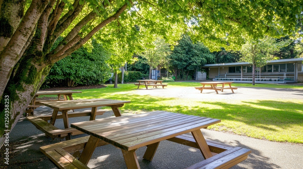 Inviting picnic area under lush trees. Inviting picnic area under lush trees.