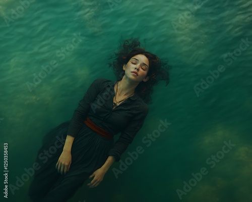 Woman floats serenely in teal water, clouds drift by