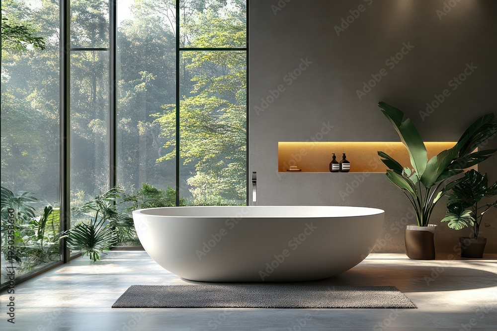 Fototapeta premium Modern Minimalist Bathroom Design with Freestanding Tub and Lush Greenery