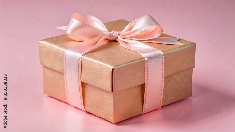 Obraz premium Elegant gift box with pink satin ribbon on pastel background.