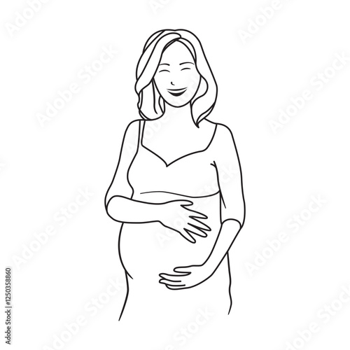 A minimalist black-and-white line art illustration of a happy pregnant woman. Vector illustration