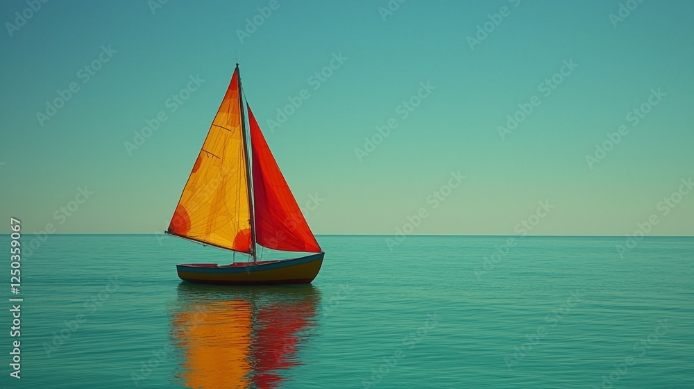 Fototapeta premium Solo sailboat sailing calm ocean, sunny day, travel poster