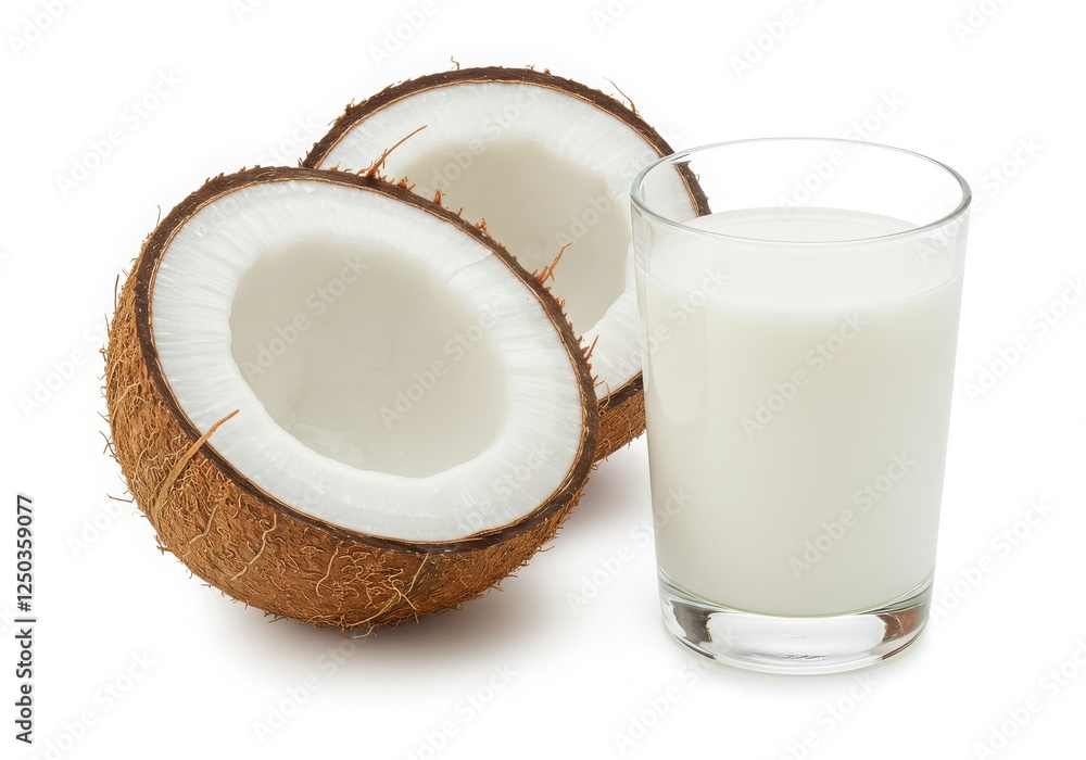 A vibrant, high-resolution culinary photograph showcasing a split coconut, with its creamy white flesh exposed next to a glass of smooth, white coconut milk. A vibrant, high-resolution culinary photograph showcasing a split coconut, with its creamy white flesh exposed next to a glass of smooth, white coconut milk.