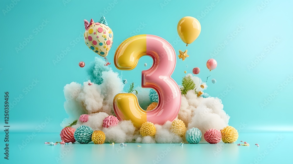 Obraz premium Vibrant and festive scene to celebrate a 3rd birthday with colorful balloons scattered confetti and party on a pastel blue background