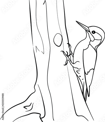 Line drawing of woodpecker on tree, excavating hole, bird nesting