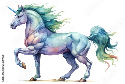 Colorful watercolor unicorn, magical creature, vibrant mane, fantasy illustration, whimsical art style, enchanting design.