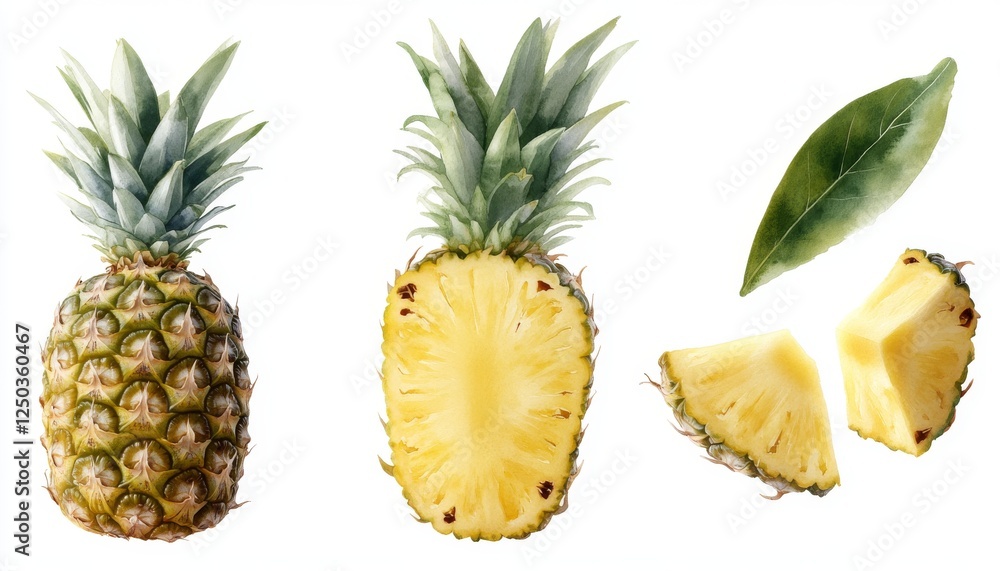 Watercolor pineapples, sliced and whole, isolated on white background, ideal for food packaging or recipe websites Watercolor pineapples, sliced and whole, isolated on white background, ideal for food packaging or recipe websites