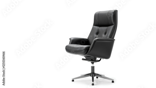 An elegant black leather office chair with a swivel base and sleek design, isolated on a pure white background photo