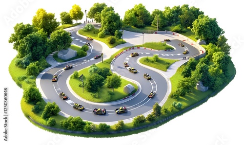 Go-kart track winding through park, aerial view