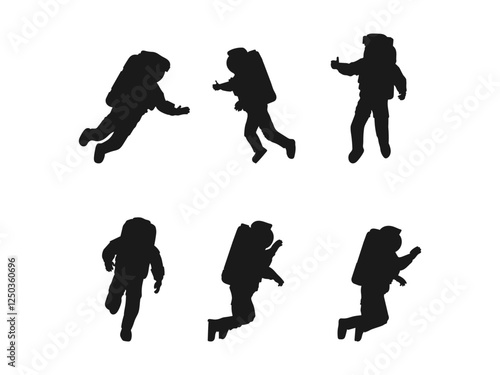 Astronaut Silhouette Black Vector Illustration. Astronaut silhouette. Astronaut Flat Icon Vector illustration. Space explorers. Starry sky. Silhouettes are isolated on a white background.