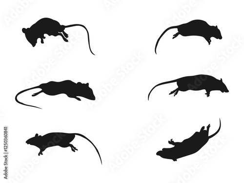 Dead rat silhouette set. A set of Rat silhouette black colors. Set of black silhouette rat icon, isolated vector. silhouette of a realistic rat. silhouettes are isolated on a white background.