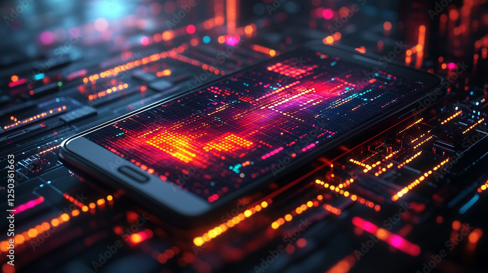Abstract Digital Smartphone Technology Background Red Orange Neon Lights Data Code Glow Board Style Abstract Digital Smartphone Technology Background Red Orange Neon Lights Data Code Glow Board Style