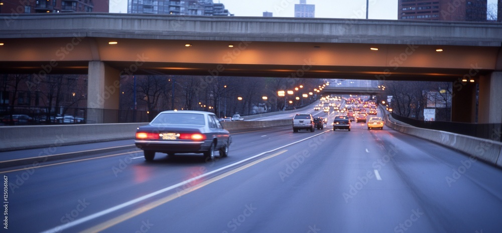 Urban arterial flow at dusk with muted city glow and cars making their way home Urban arterial flow at dusk with muted city glow and cars making their way home