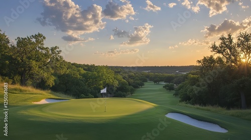 Sunset and sunrise over mountain meadow with trees and clouds