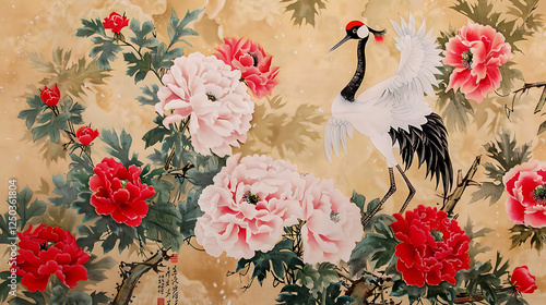 Fototapeta Naklejka Na Ścianę i Meble -  A Chinese silk painting of peonies and cranes