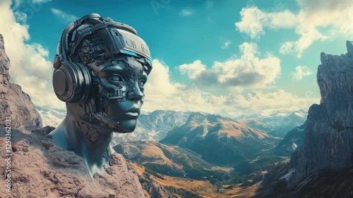 Robotic Head Contemplating Mountain Vista: A Digital Art Masterpiece