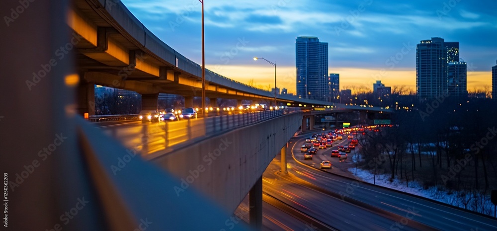 Obraz premium Metropolitan Evening Commute Illuminating Urban Highways at Twilight Hour