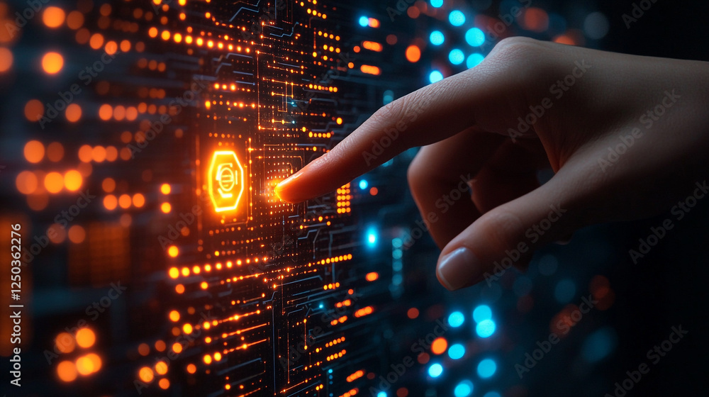 Digital Technology Abstract Futuristic Interface Orange Glow Hand Touching Screen Circuit Board Digital Technology Abstract Futuristic Interface Orange Glow Hand Touching Screen Circuit Board