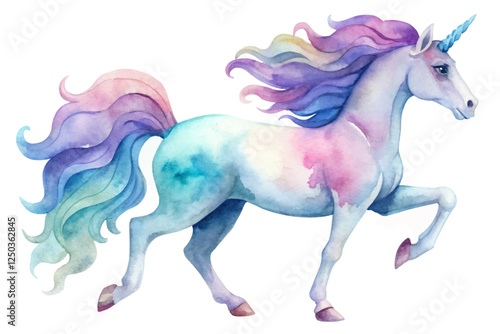 Colorful watercolor unicorn, whimsical design, magical creature, vibrant mane, artistic illustration, fantasy theme.