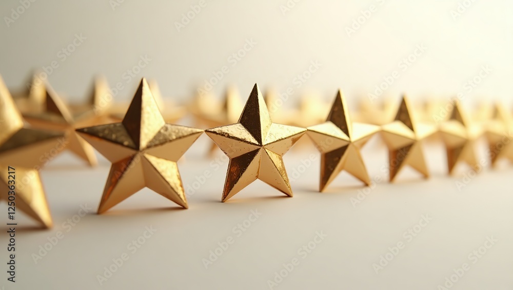 Fototapeta premium Design golden stars in high relief, with a sense of depth and dimensionality, symbolizing excellence and exceptional quality, against a clean, neutral background.